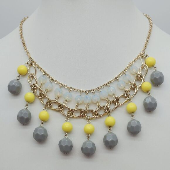 Y2K Statement Bib Layered Necklace Gray Yellow Opalescent Bead Maximalist Retro - Picture 1 of 8